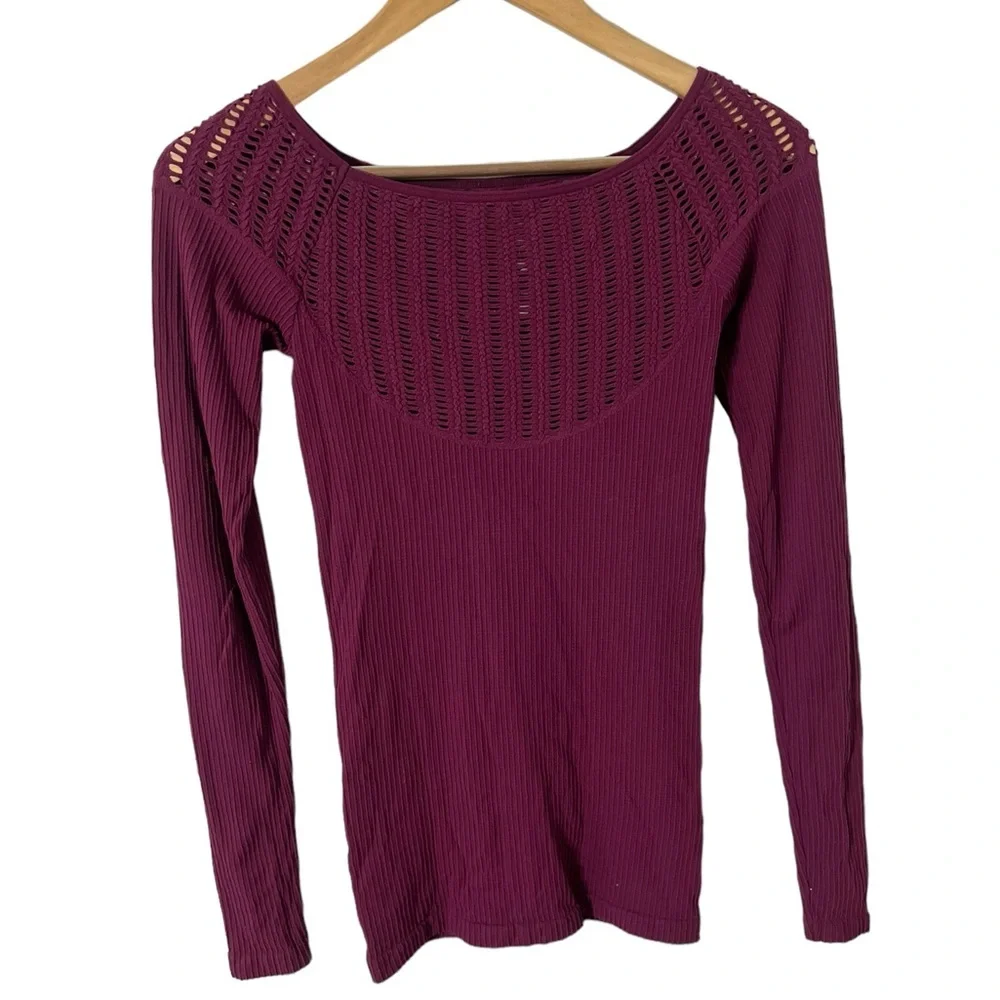 FREE PEOPLE Intimately Laser Cut Out Ribbed Long Sleeve Shirt Top